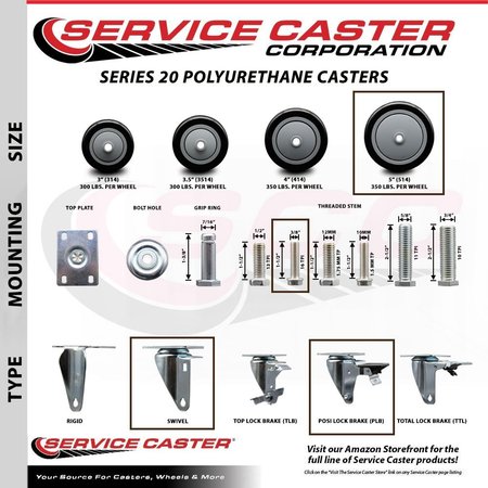Service Caster 5 Inch Black Polyurethane 38 Inch Threaded Stem Caster with Brake SCC-TS20S514-PPUB-BLK-PLB-381615